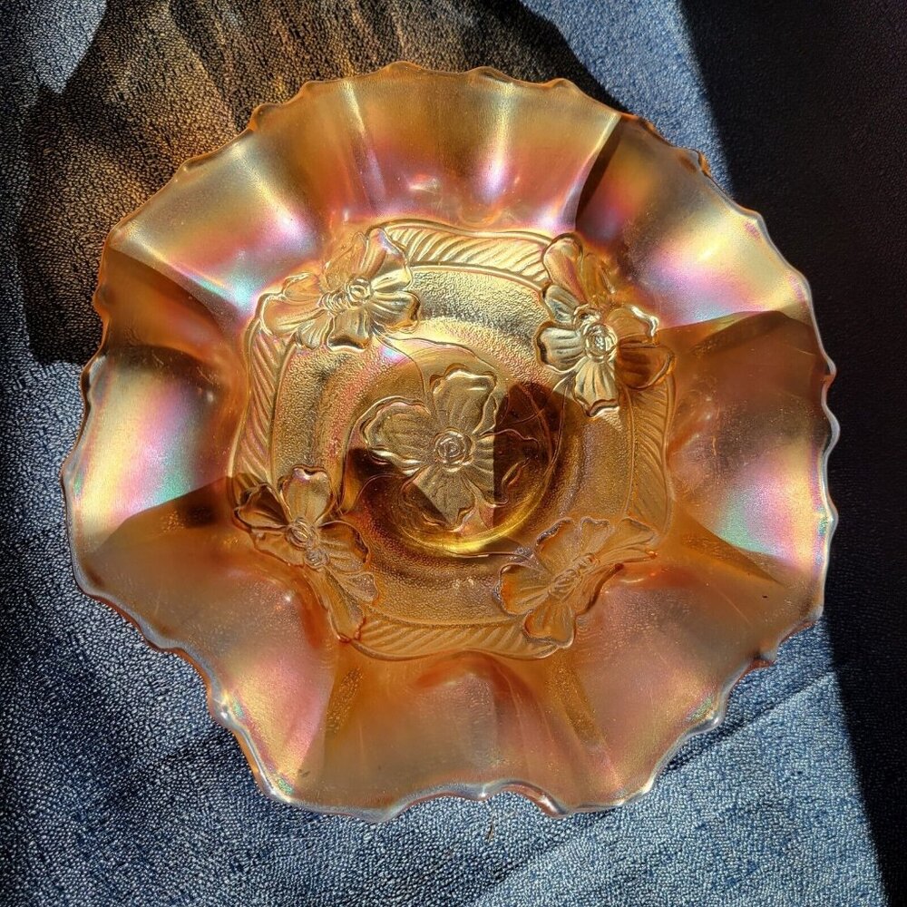 Vintage DUGAN APPLE BLOSSOM CARNIVAL GLASS 7.5" Ruffled Bowl OPALESCENT Marigold